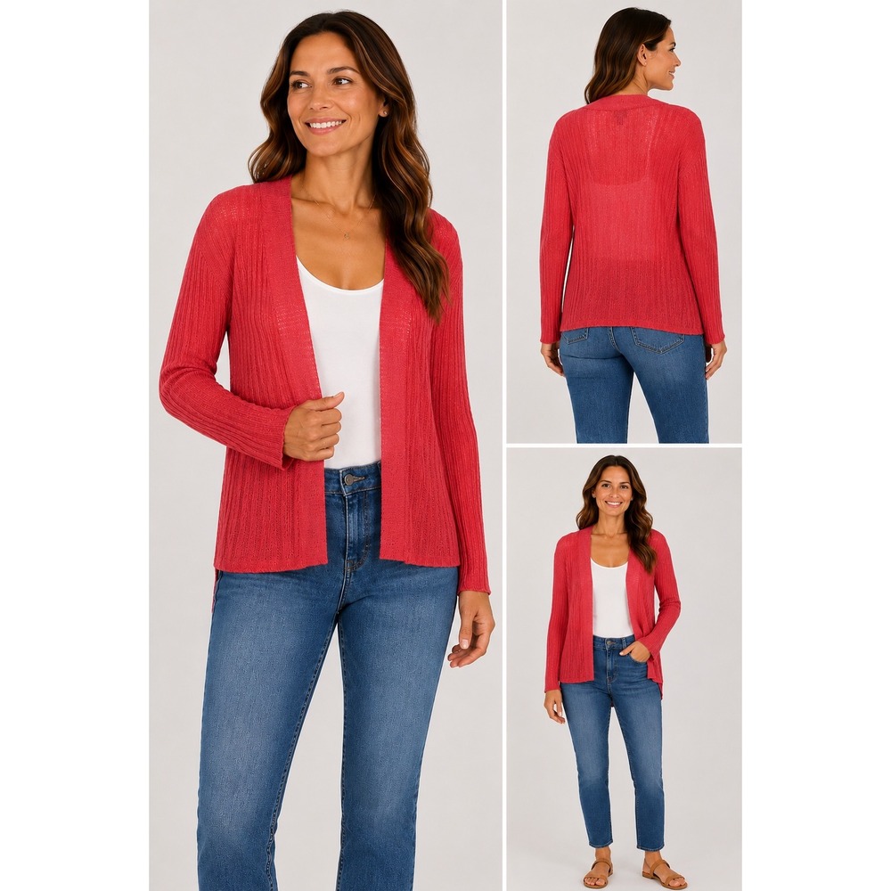 Eileen Fisher Womens Coral Pink 100% Linen Ribbed Open Front Cardigan Small FLAW